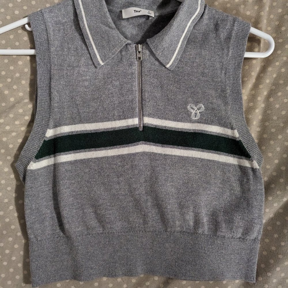 TNA Bayport Sweater Crop Top - Sz S - Grey Cropped Collared Tennis Sweater